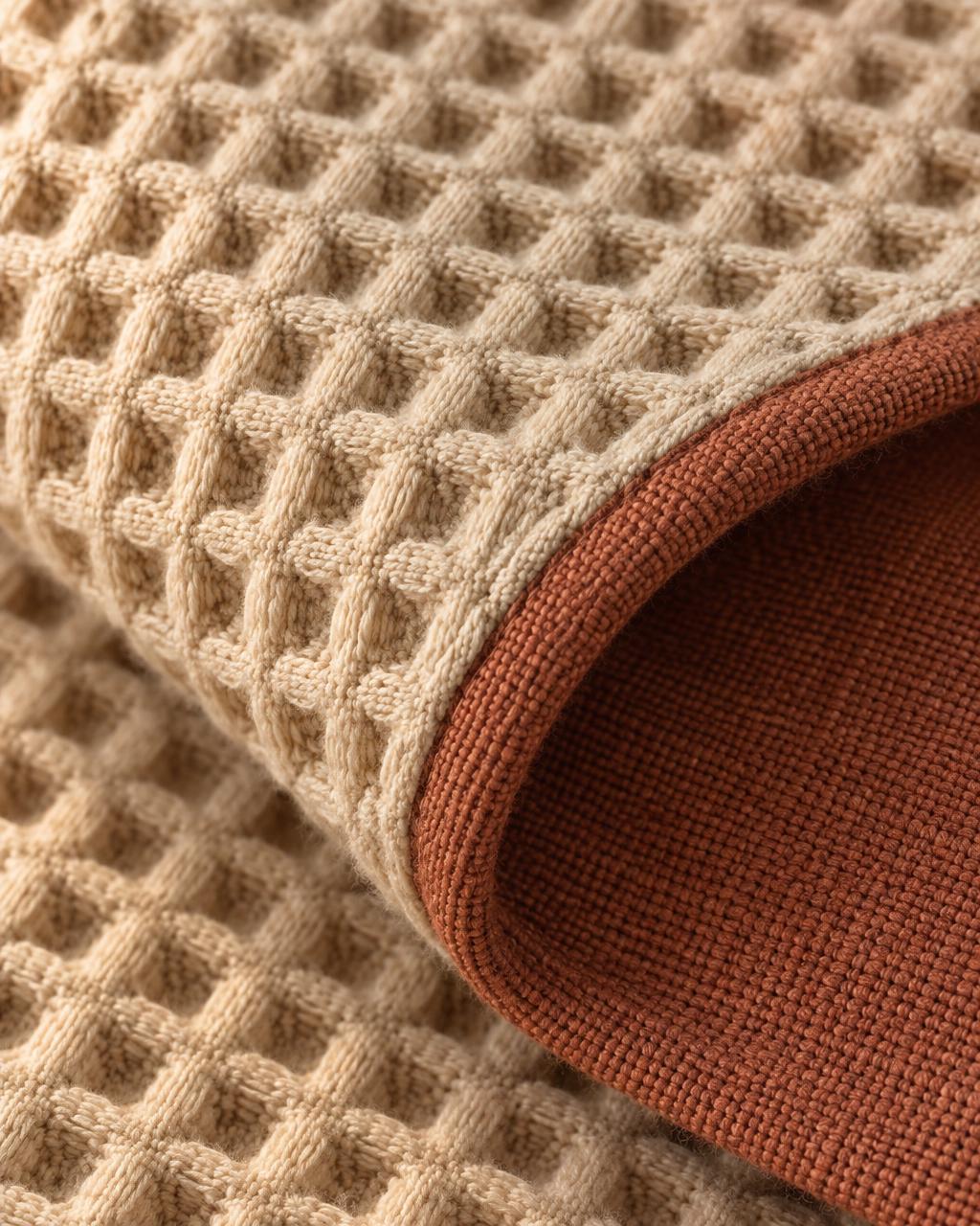 Close-up of the Badhuis towel's waffle weave with a corner turned back to reveal the rust bench side
